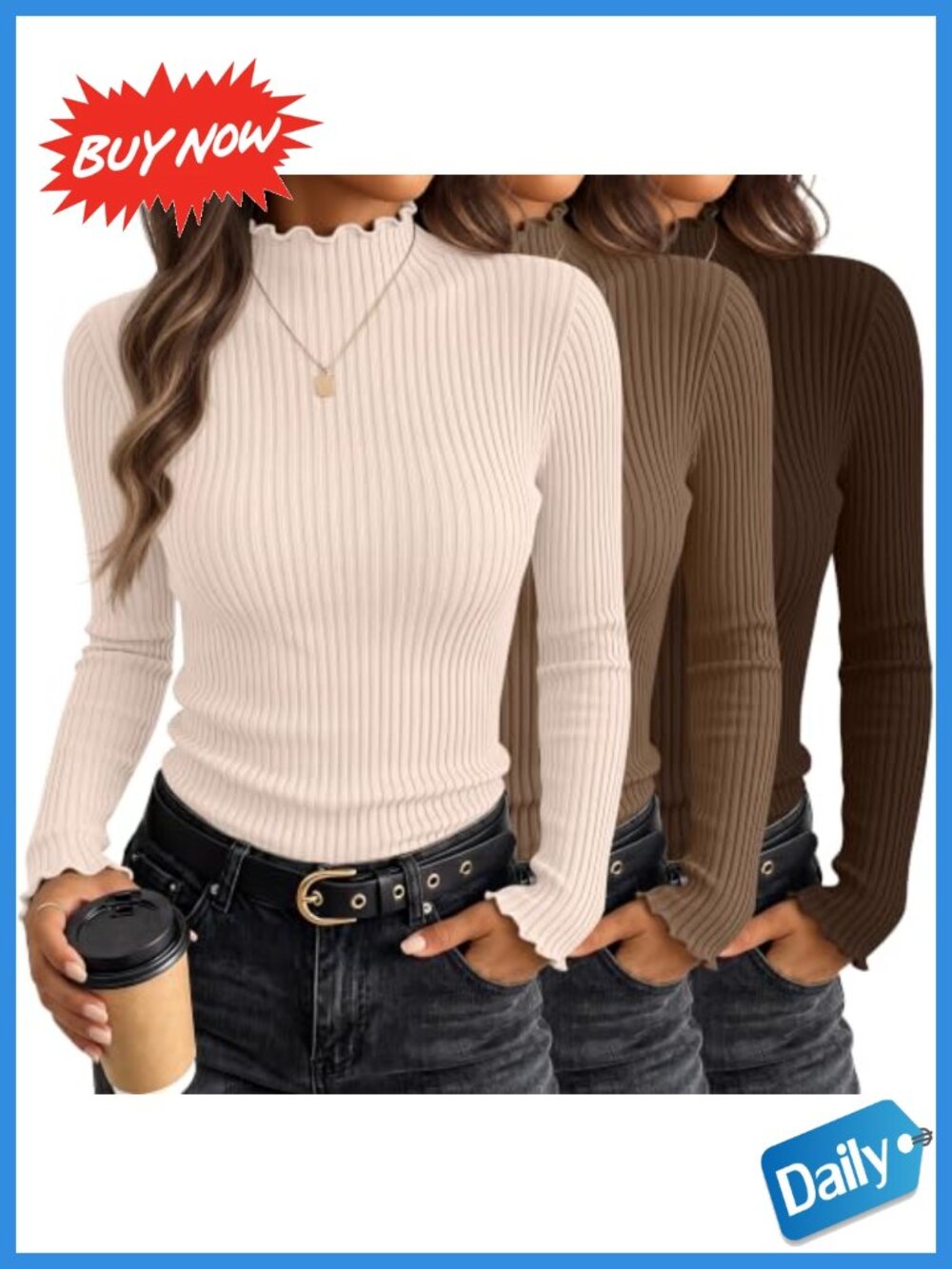 Mock Turtleneck Long Sleeve Ribbed Tops 3 Pack Slim Fit Cotton Blend